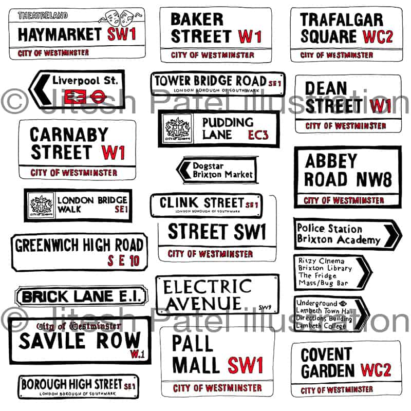 London Street name sign drawing illustration Jitesh Patel
