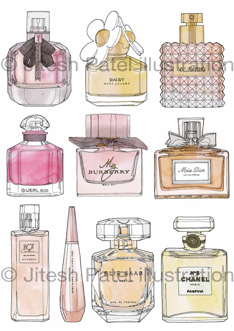 Design a luxury perfume fragrance logo and bottles sketch design